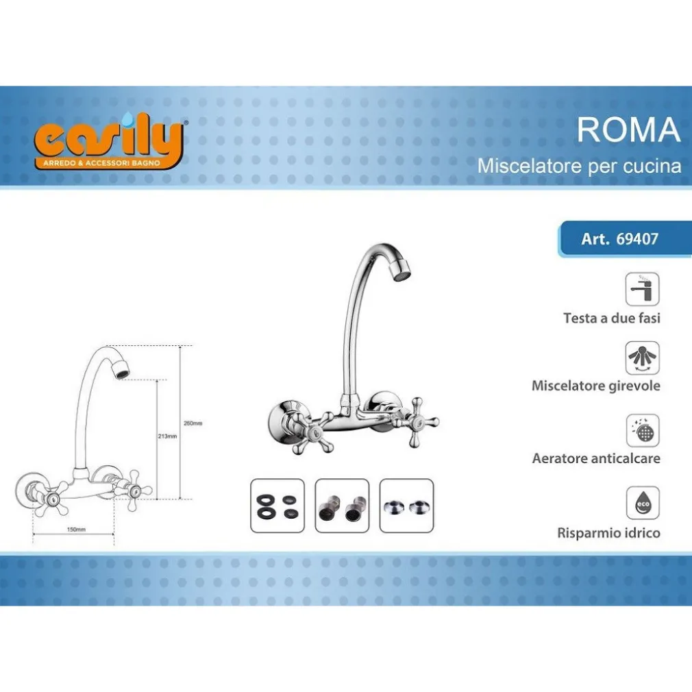 MISCELATORE RUBINETTO PARETE MANOPOLE A CROCE CUCINA LAVELLO OTTONE ROMA 69407