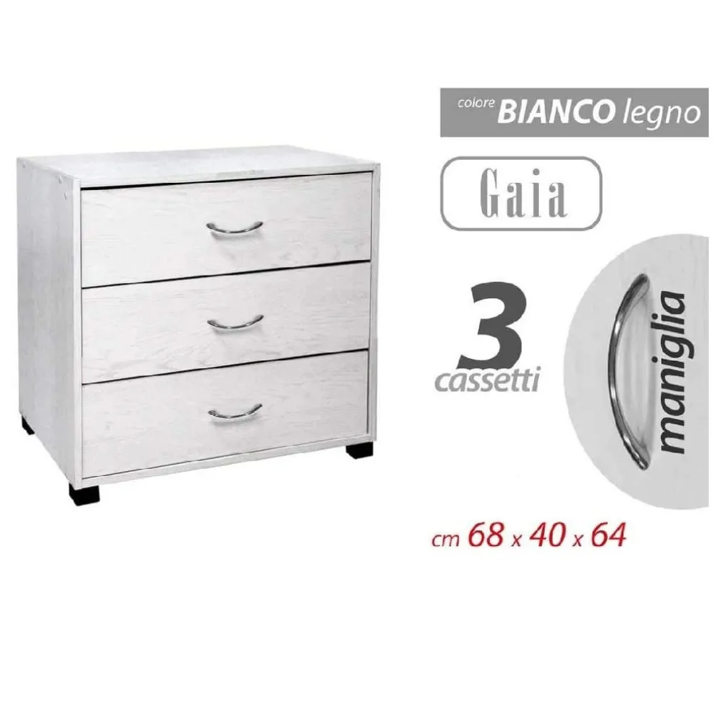 MOBILE CASSETTIERA COMODINO COMÒ GAIA 3 CASSETTI BIANCO LEGNO 68X40X64CM 768675