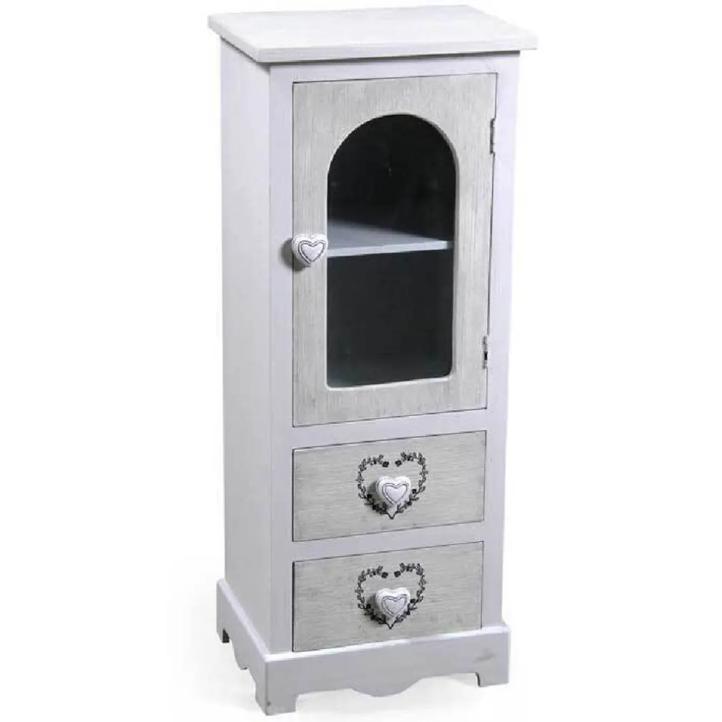 MOBILE CON VETRINA CUORE ANTA 2 CASSETTI IN LEGNO SHABBY CHIC 80X32X26CM 662218