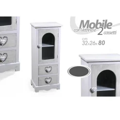 MOBILE CON VETRINA CUORE ANTA 2 CASSETTI IN LEGNO SHABBY CHIC 80X32X26CM 662218