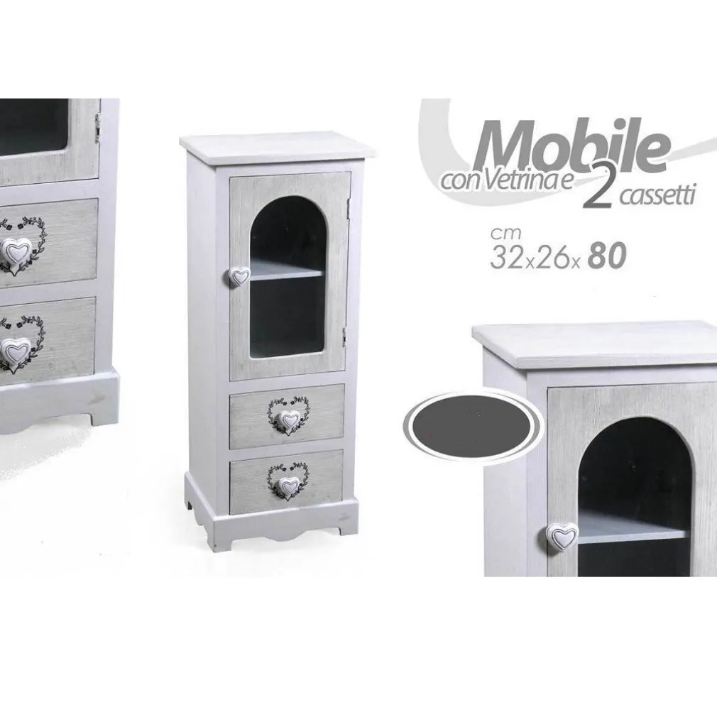 MOBILE CON VETRINA CUORE ANTA 2 CASSETTI IN LEGNO SHABBY CHIC 80X32X26CM 662218