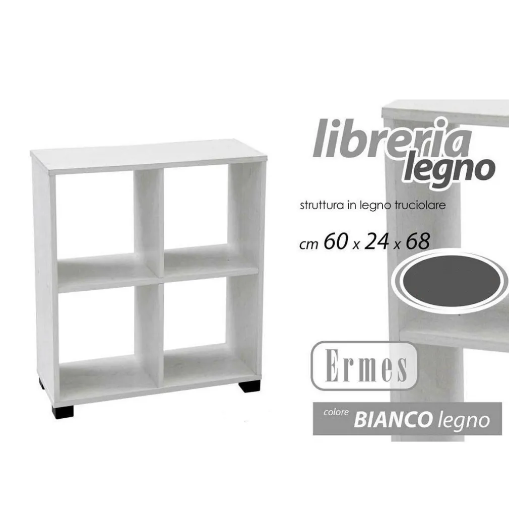 MOBILE LIBRERIA ERMES SCAFFALE BASSO 4 SCOMPARTI LEGNO BIANCO 60X24X68CM 715624