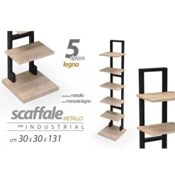 MOBILE SCAFFALE MODERNO IN METALLO 5 RIPIANI MENSOLE IN LEGNO 30X30X131CM 783180
