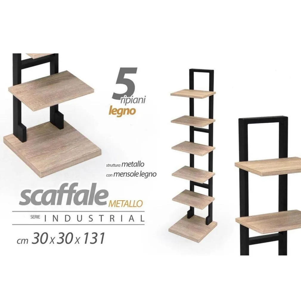 MOBILE SCAFFALE MODERNO IN METALLO 5 RIPIANI MENSOLE IN LEGNO 30X30X131CM 783180