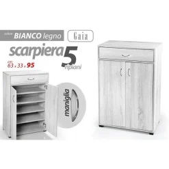 MOBILE SCARPIERA ARMADIO 2 ANTE CASSETTO 5 RIPIANI LEGNO BIANCO 95X63X33CM 770937