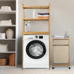 MOBILETTO CESTO PORTABIANCHERIA IN BAMBÙ TESSUTO 42X33,5X84,5CM A 2 SCOMPARTI CON RUOTE