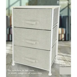 MOBILETTO MULTIUSO CON 3 CASSETTI IN TESSUTO BEIGE DESIGN SALVASPAZIO CASA H73X45X30CM
