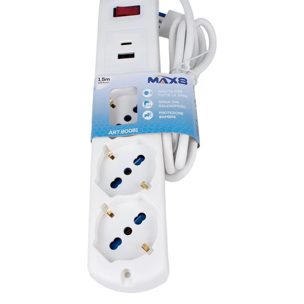MULTIPRESA 5 IN 1 USB A + C + 3 PRESE PER SCHUKO / BIPASSO / EU CAVO 1.5MT 80081