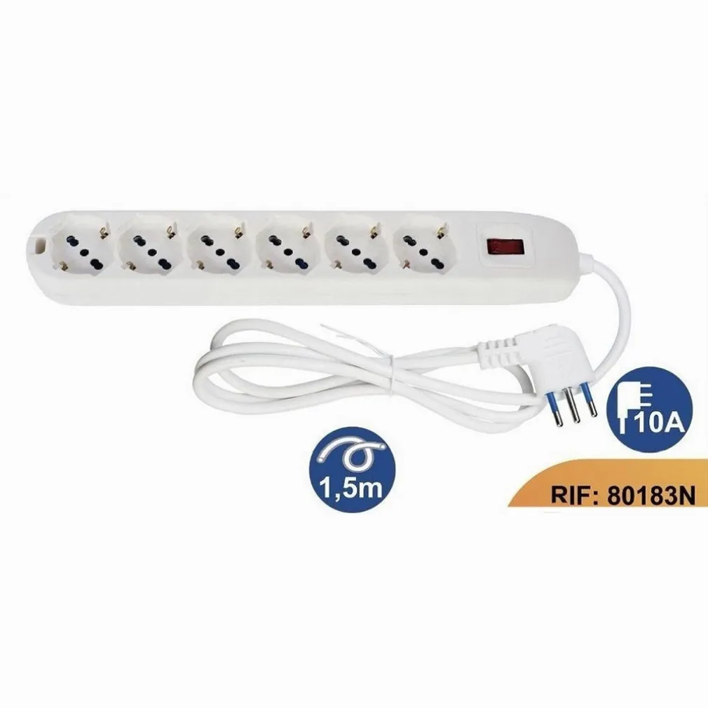 MULTIPRESA 6 USCITE UNIVERSALI SPINA 10A CAVO DA 1.5 MT BIANCO CIABATTA 80183N