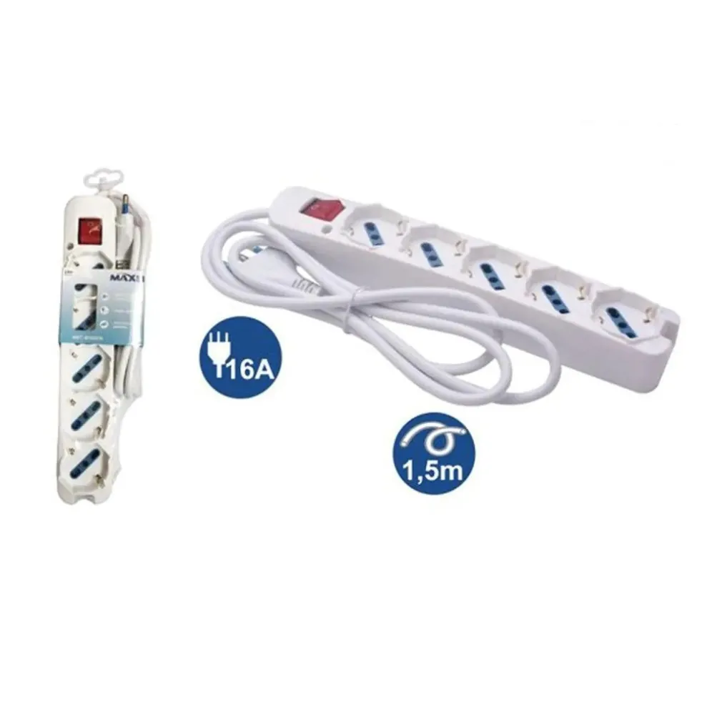 MULTIPRESA 5 USCITE UNIVERSALI SPINA 16A CAVO 1.5 MT INTERRUTTORE BIANCO 80180N