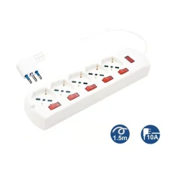 MULTIPRESA 5 USCITE UNIVERSALI SCHUKO + 5 INTERRUTTORI SPINA 10A CAVO 1.5MT 80705