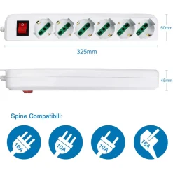 MULTIPRESA CIABATTA ELETTRICA A 6 POSTI CON PROTEZIONE SOVRACCARICO 250V 2500W