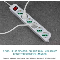 MULTIPRESA CIABATTA ELETTRICA A 6 POSTI CON PROTEZIONE SOVRACCARICO 250V 2500W