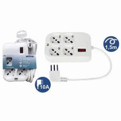 MULTIPRESA CIABATTA QUADRATA 4 USCITE UNIVERSALI SPINA 10A CAVO 1.5MT BIANCO 80186N