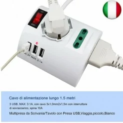 MULTIPRESA ELETTRICA DA SCRIVANIA TAVOLO CON 3 PRESA 3 USB BIANCO SHUKO BIPASSO