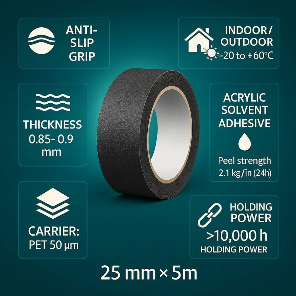 NASTRO ADESIVO NERO PER INTERNO/ESTERNO ANTICADUTA ANTISCIVOLO SENZA RESIDUI 25MMX5MT