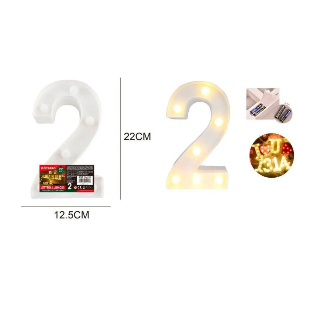 NUMERO 2 LUMINOSO CON LUCI LED A BATTERIA DECORAZIONI PER LA CASA DIM. 22 CM