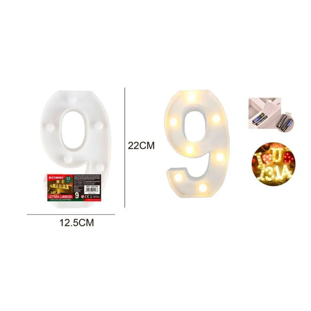 NUMERO 9 LUMINOSO CON LUCI LED A BATTERIA DECORAZIONI PER LA CASA DIM. 22 CM