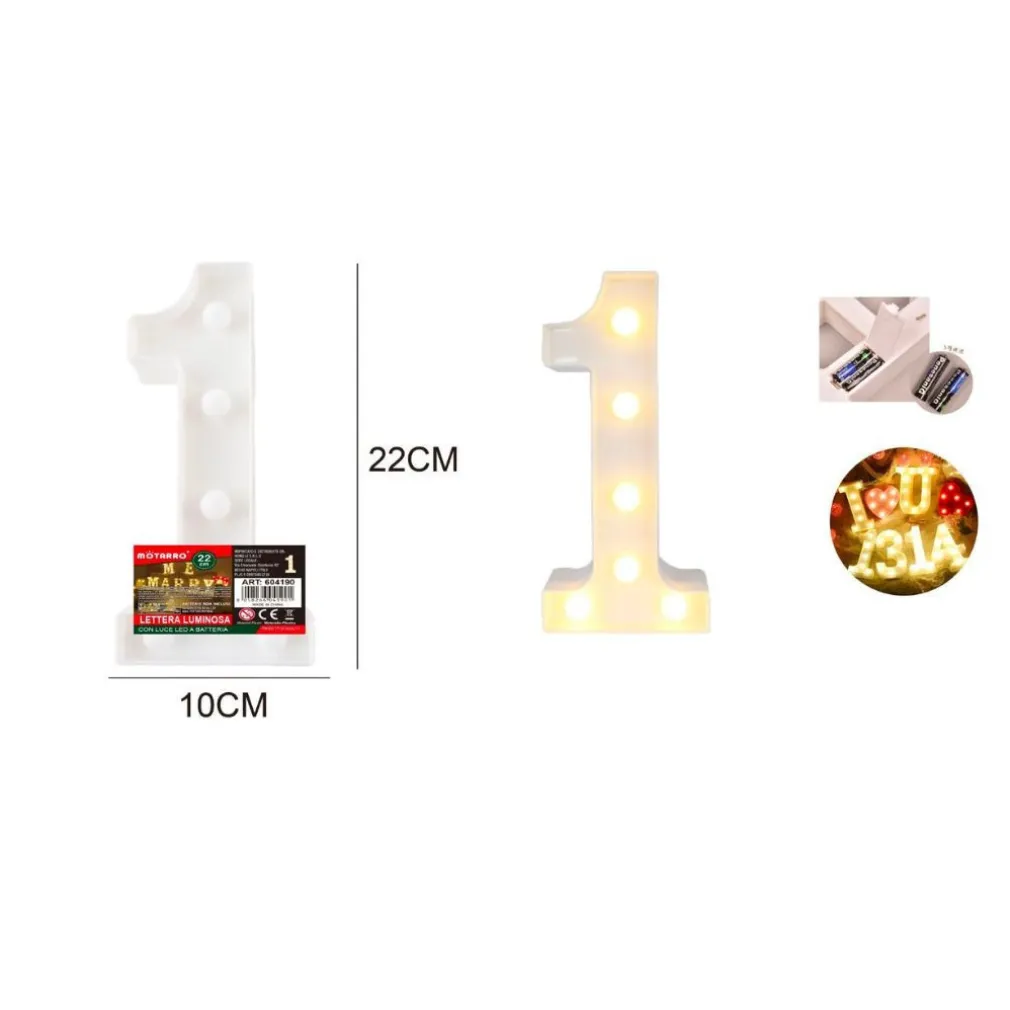 NUMERO 1 LUMINOSO CON LUCI LED A BATTERIA DECORAZIONI PER LA CASA DIM. 22 CM