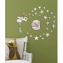 OROLOGIO ADESIVO FATA STELLE 3D EFFETTO SPECCHIO DA PARETE CASA MODERNA DECORAZIONE