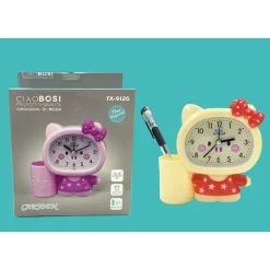OROLOGIO ANALOGICO SVEGLIA A FORMA DI GATTINO DA TAVOLO CON PORTAPENNE TX-9126