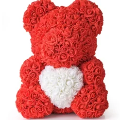 ORSACCHIOTTO ORSETTO ORSO DI ROSE CON FIORI DA 40CM ROSSO CON CUORE BIANCO