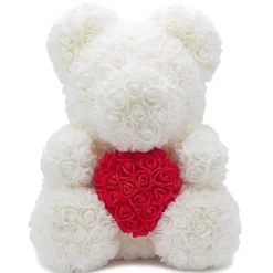 ORSACCHIOTTO ORSETTO ORSO DI ROSE CON FIORI ROSE DA 25CM BIANCO CON CUORE ROSSO