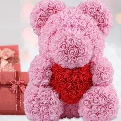 ORSACCHIOTTO ORSETTO ORSO DI ROSE CON FIORI DA 25CM COLORE ROSA CON CUORE ROSSO