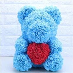 ORSACCHIOTTO ORSETTO ORSO DI ROSE CON FIORI DA 40CM CELESTE CON CUORE ROSSO