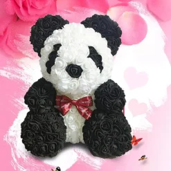 ORSACCHIOTTO ORSETTO PANDA DI ROSE CON FIORI ROSE DA 25CM COLORE BIANCO E NERO