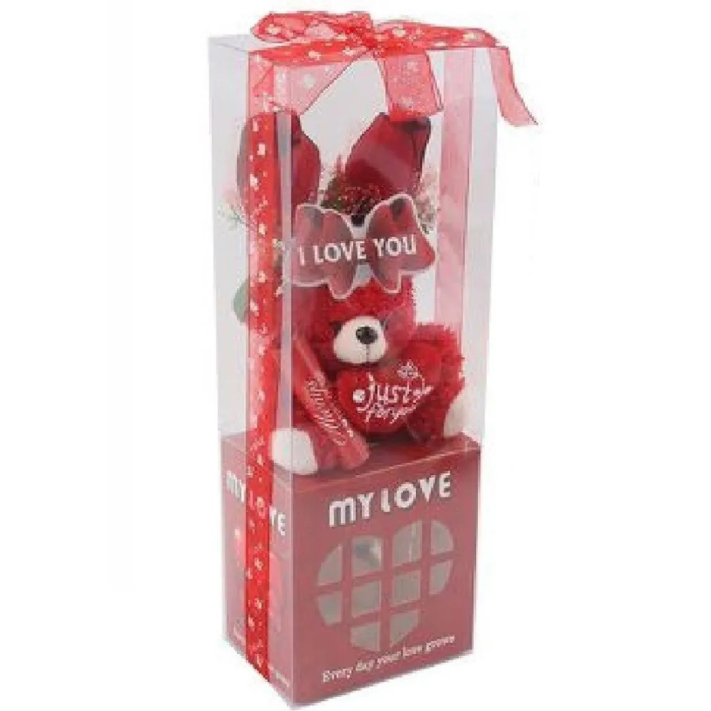 ORSETTO PELUCHE CON CUORE FIORI CONFEZIONE REGALO SAN VALENTINO 10X7.5X30CM 63302