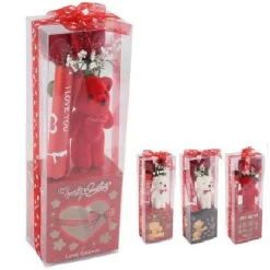 ORSETTO PELUCHE CON FIORE CONFEZIONE REGALO PER SAN VALENTINO 10X7.5X30CM 63300