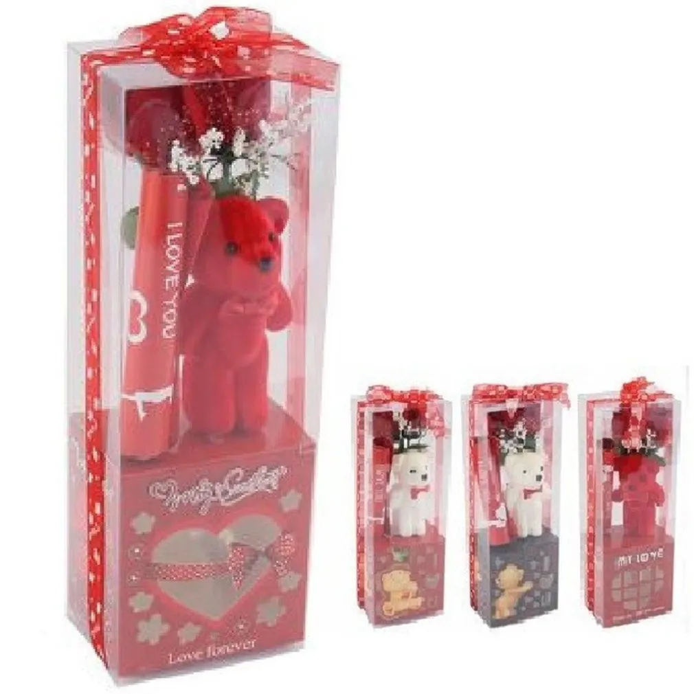 ORSETTO PELUCHE CON FIORE CONFEZIONE REGALO PER SAN VALENTINO 10X7.5X30CM 63300