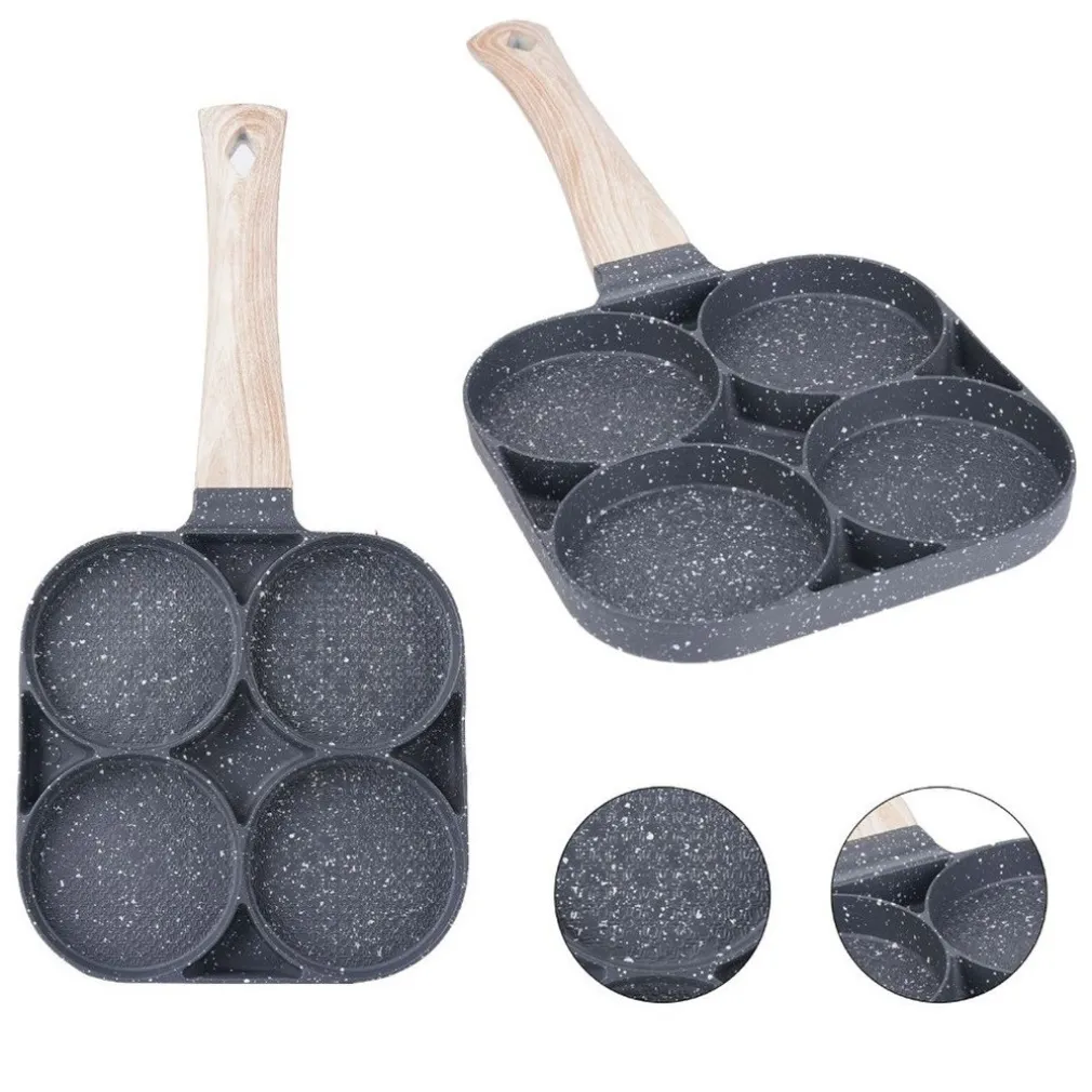 PADELLA ANTIADERENTE A 4 FORI PER UOVA PANCAKE MANICO IN LEGNO ACCESSORI CUCINA 624386