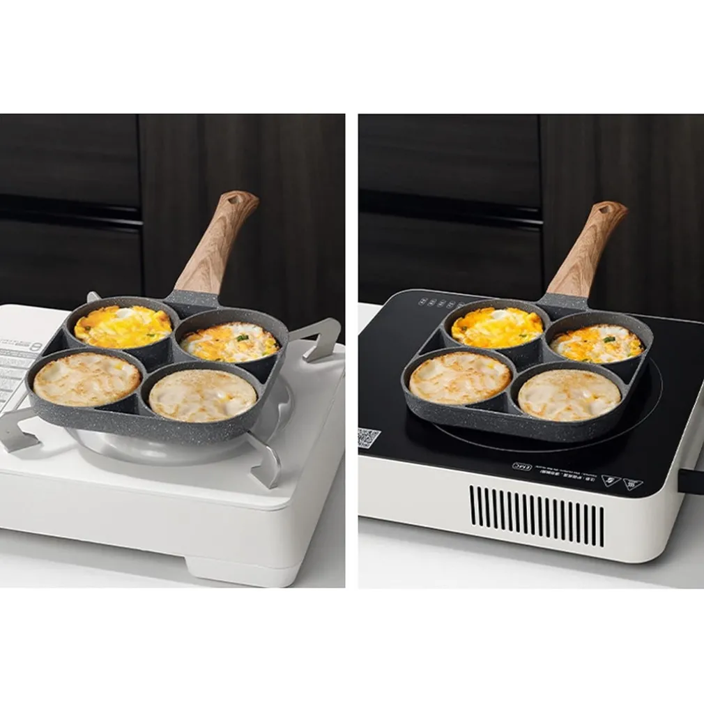 PADELLA ANTIADERENTE A 4 FORI PER UOVA PANCAKE MANICO IN LEGNO ACCESSORI CUCINA 624386