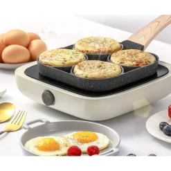 PADELLA ANTIADERENTE A 4 FORI PER UOVA PANCAKE MANICO IN LEGNO ACCESSORI CUCINA 624386