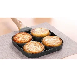 PADELLA ANTIADERENTE A 4 FORI PER UOVA PANCAKE MANICO IN LEGNO ACCESSORI CUCINA 624386