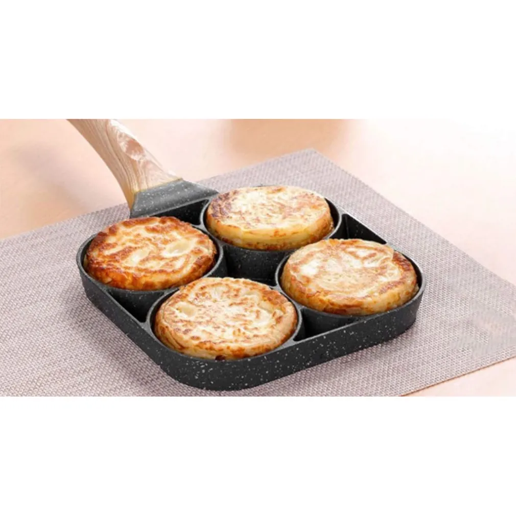 PADELLA ANTIADERENTE A 4 FORI PER UOVA PANCAKE MANICO IN LEGNO ACCESSORI CUCINA 624386