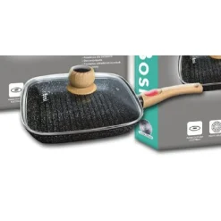 PADELLA PENTOLA QUADRATA CON MANICO COPERCHIO VETRO 24CM 1.03LT ANTIADERENTE T-9478