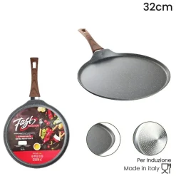 PADELLA PIASTRA CREPIERA ANTIADERENTE Ø32CM UOVO FRITTO PER INDUZIONE MANICO LEGNO 043204M
