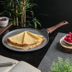 PADELLA PIASTRA CREPIERA ANTIADERENTE Ø32CM UOVO FRITTO PER INDUZIONE MANICO LEGNO 043204M