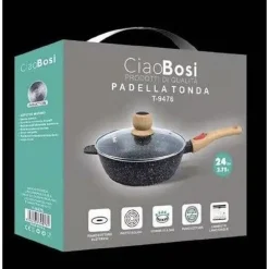 PADELLA TONDA T-9476 CUCINA 24CM 2.75LT CON MANICO COPERCHIO PER PIANO COTTURA