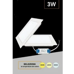 PANNELLO LED INCASSO QUADRATO SLIM PLAFONIERA 3W CCT 3 COLORAZIONI LUCE P73A-Q3C