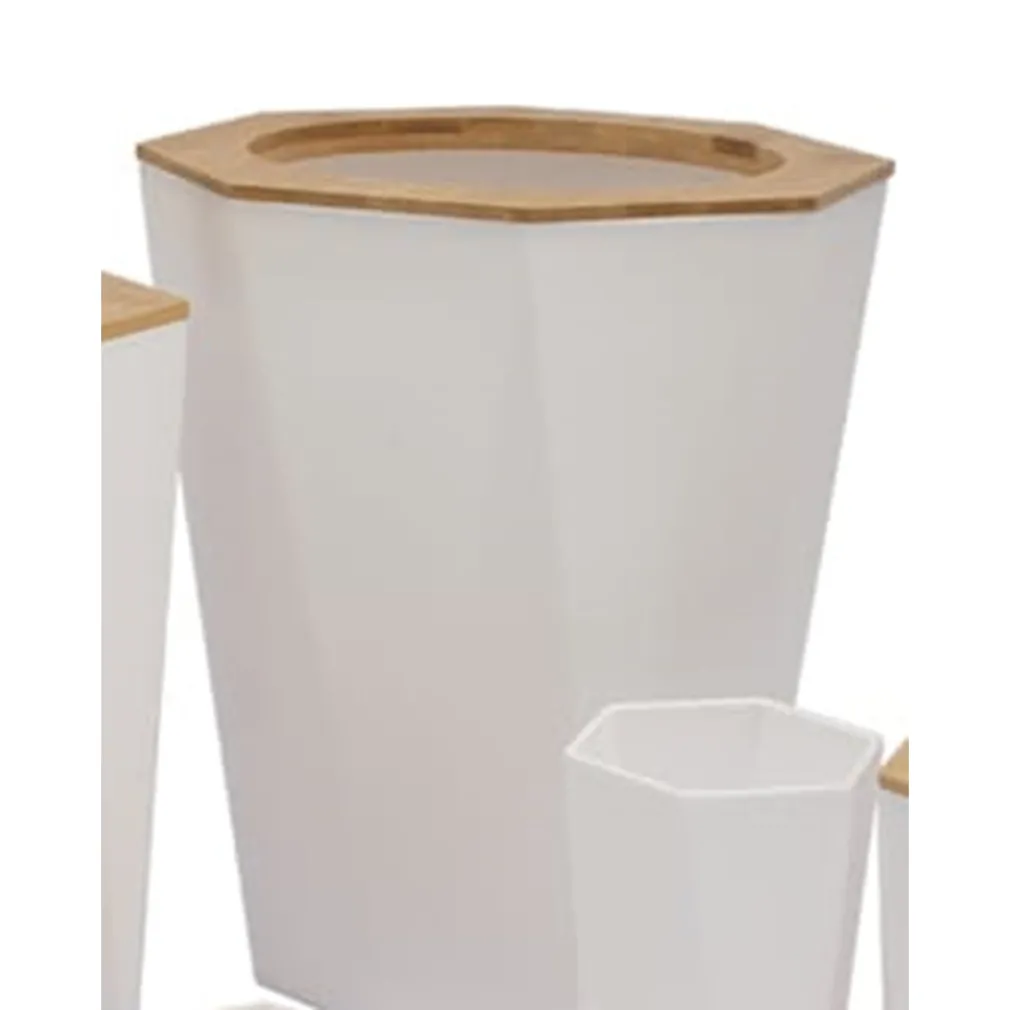 PATTUMIERA CESTINO SPAZZATURA A CILINDRO ESAGONALE GEOMETRICO BIANCO LEGNO DA BAGNO 10840