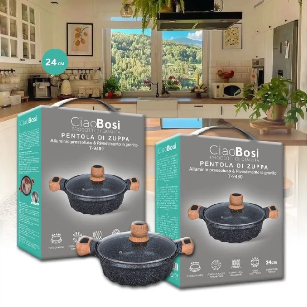 PENTOLA TEGAME PER ZUPPA RIVESTITO GRANITO CON COPERCHIO FONDO BASSO 24CM T-9480