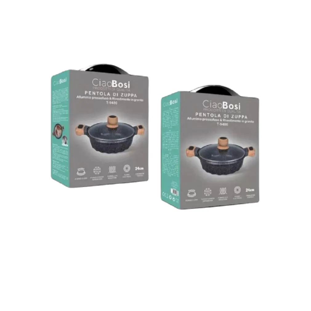 PENTOLA TEGAME PER ZUPPA RIVESTITO GRANITO CON COPERCHIO FONDO BASSO 24CM T-9480