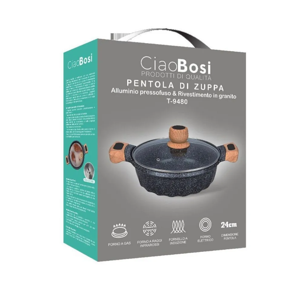 PENTOLA TEGAME PER ZUPPA RIVESTITO GRANITO CON COPERCHIO FONDO BASSO 24CM T-9480