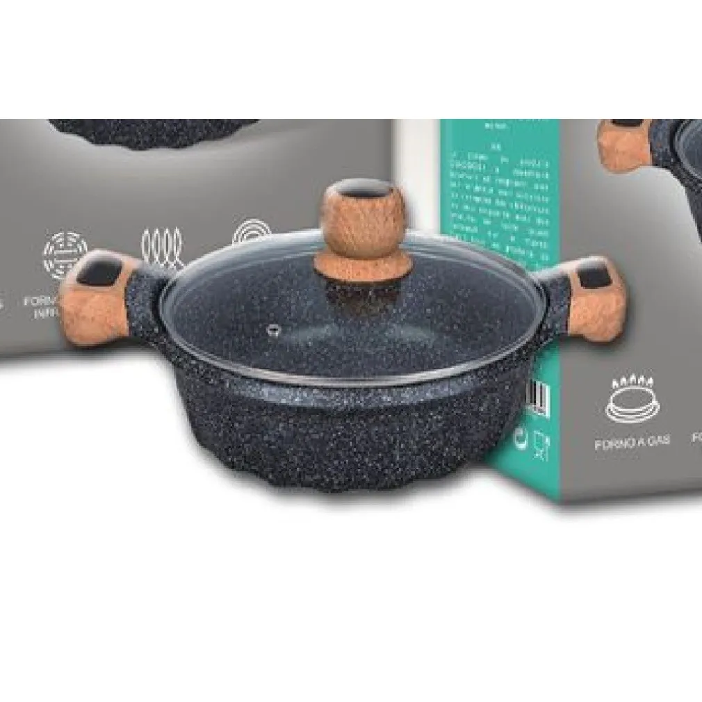 PENTOLA TEGAME PER ZUPPA RIVESTITO GRANITO CON COPERCHIO FONDO BASSO 24CM T-9480