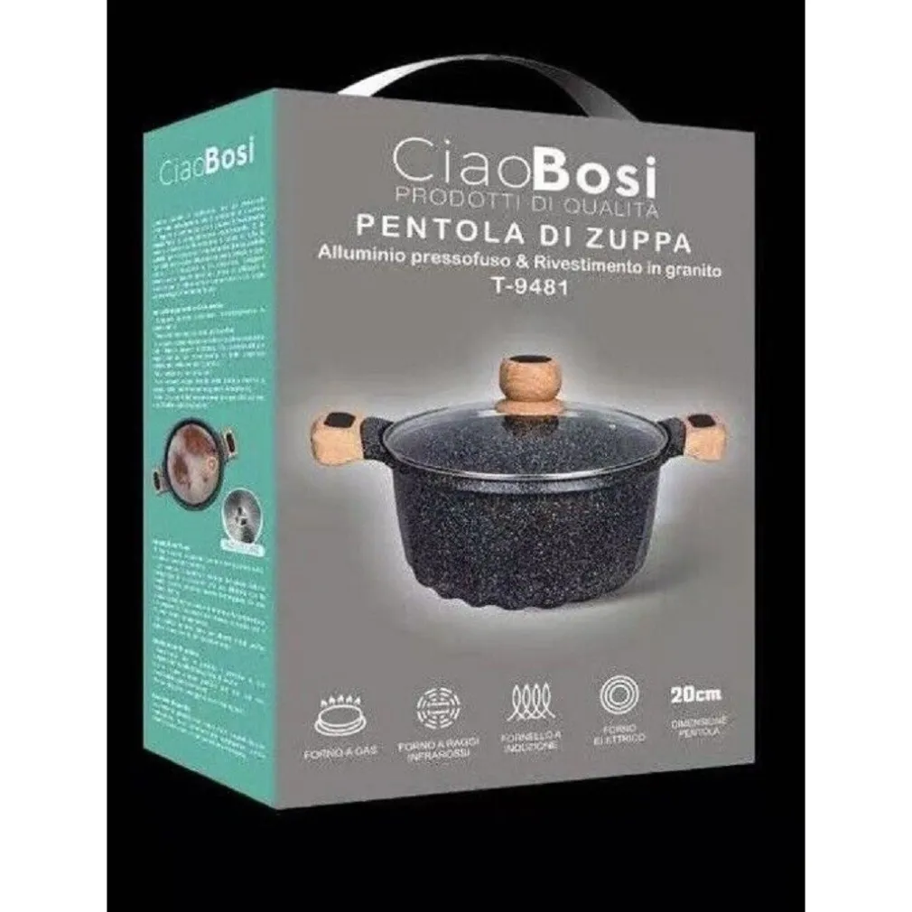 PENTOLA TEGAME PER ZUPPA RIVESTITO GRANITO CON COPERCHIO 20CM ANTIADERENTE T-9481