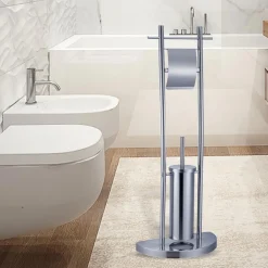 PIANTANA BAGNO PORTAROTOLO PORTASCOPINO ACCIAIO CROMATO DA TERRA WC ALTEZZA 84CM